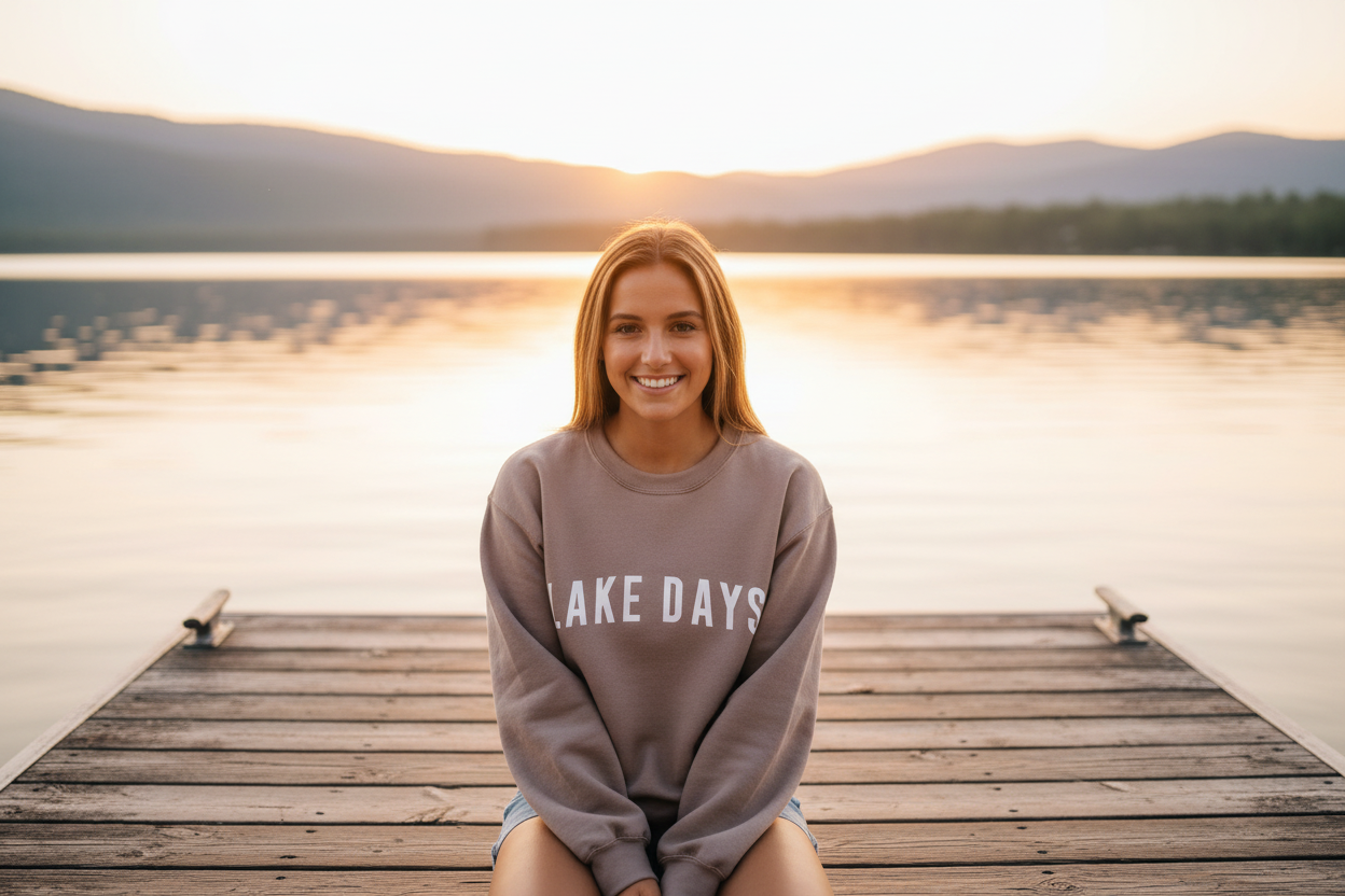 can you put our lake days sweater on her, and have her facing the camera